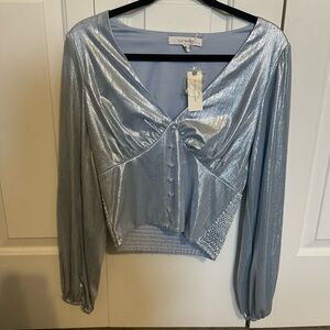 Anthropologie Light Blue Metallic Crop Top Blouse